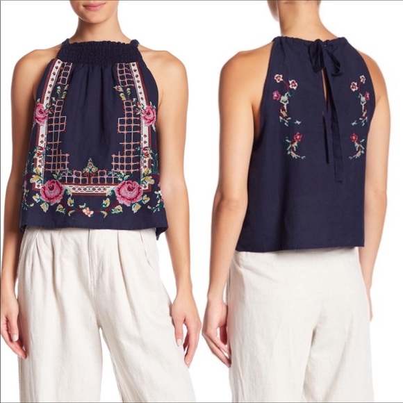 Free People NWT Honey Pie embroidered navy tank - Picture 4 of 8